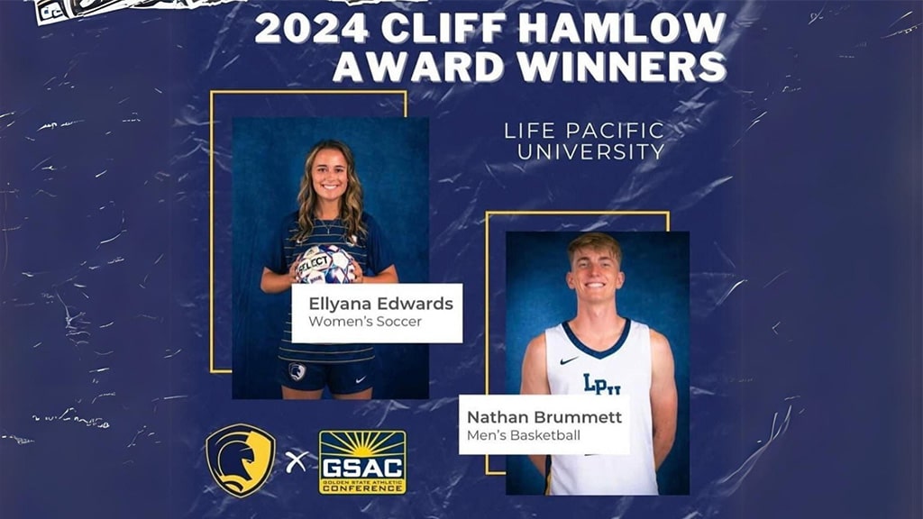 headshots of students elly and nathan with the caption of cliff hamlow award recipents